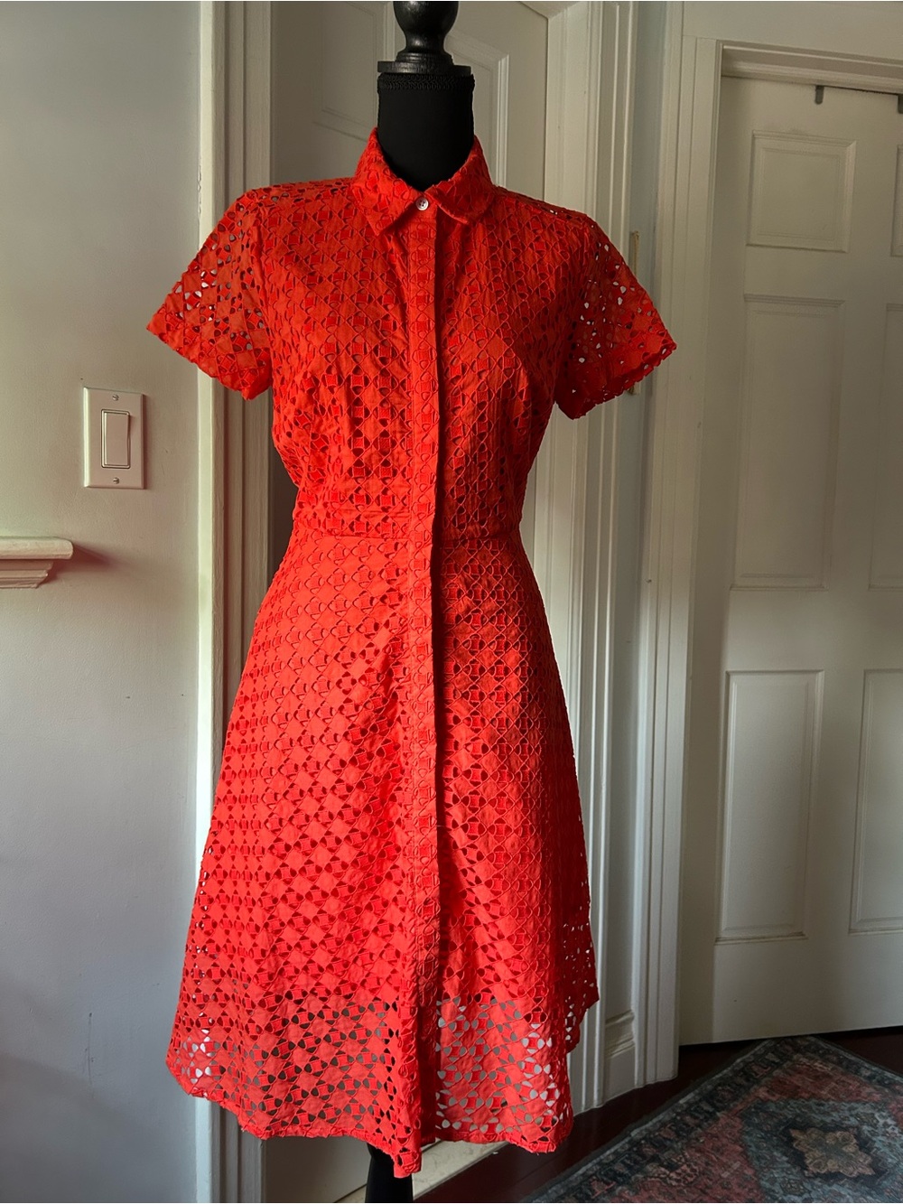 Reddish Orange Eyelet Shirt Dress — Women's Collared Midi